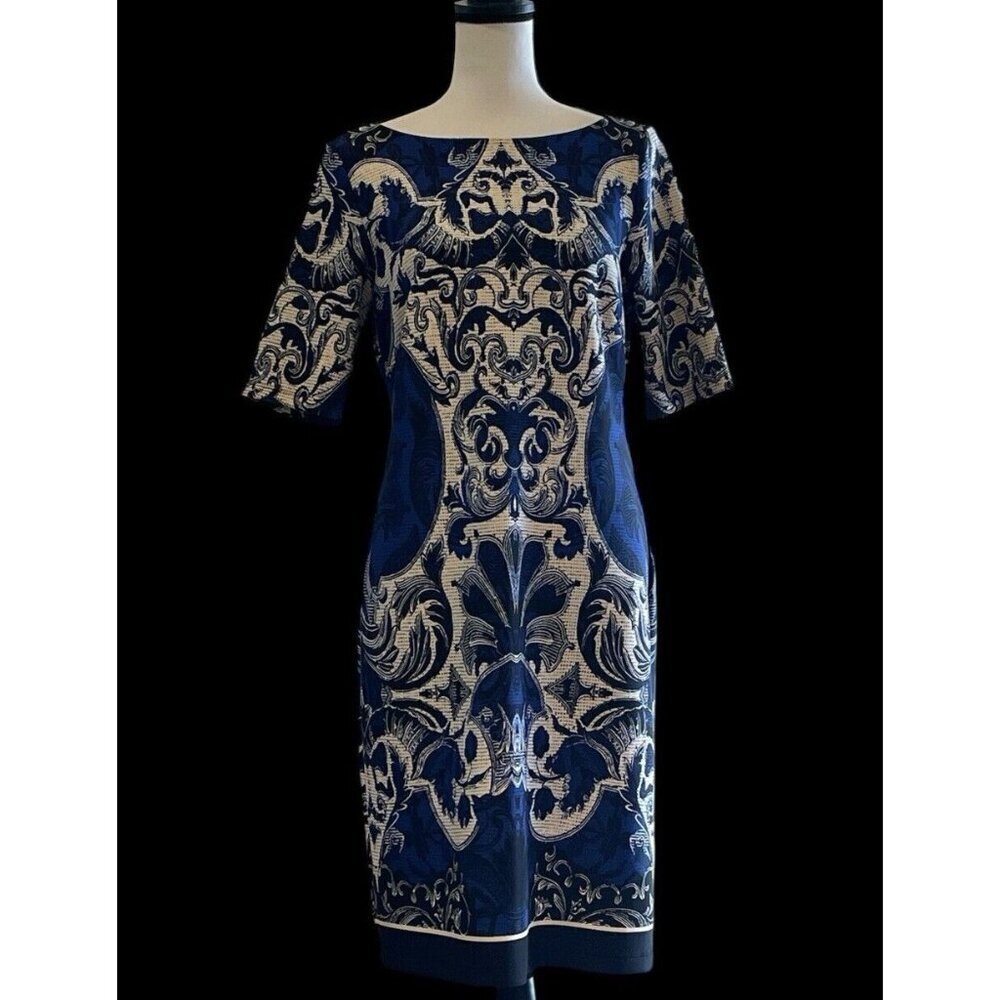 J Taylor Womens Paisley Sheath Dress Size 10 Blue White Print Zipper - Picture 6 of 16